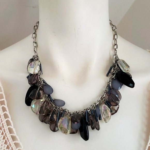 Trendy Fashion Chunky Clear & Clear Smokey, Black & Grey Blue beaded Necklace - Picture 3 of 13